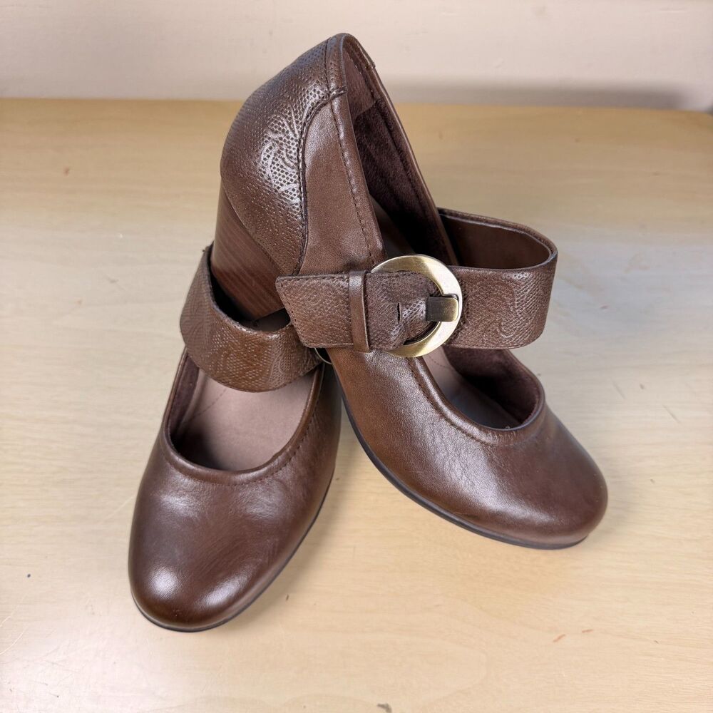 EARTH Womens Noble Wide Bark Brown Leather Mary Jane Heeled Shoes